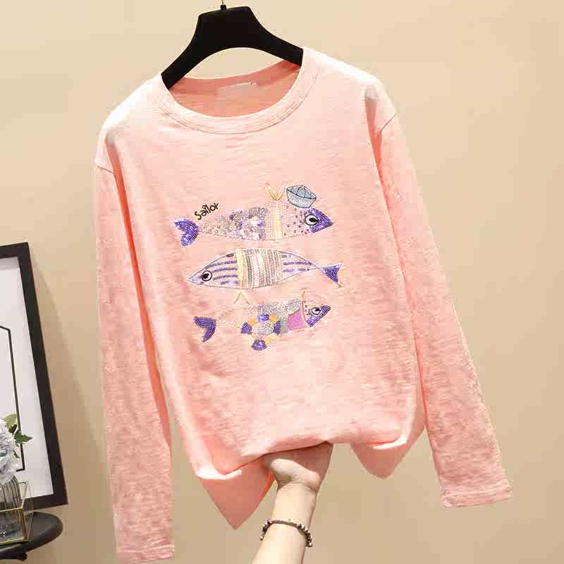 2019春秋装新款韩版圆领小鱼刺绣白色宽松大码长袖竹节纯棉T恤女|msdalam kategori Butik wanita / wanita, baju-T - dari Buy2taobao.com untuk memberikan perkhidmatan ejen Taobao profesional membeli