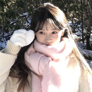 蓝色围巾初中生女冬季氛围感加厚保暖纯色防寒仿羊绒围脖防风披肩