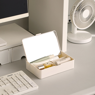 便携化妆盒带镜子一体女随身携带可折叠补妆粉扑眉笔口红收纳盒