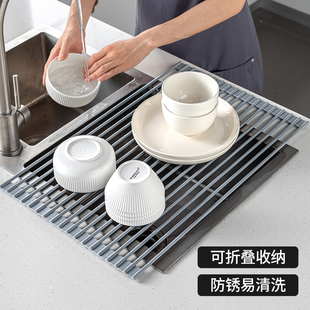 厨房水槽硅胶沥水卷帘加厚承重不锈钢可折叠水槽置物架防烫隔热垫