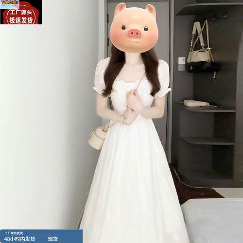 白色方领泡泡袖连衣裙子2025夏季女装新款法式气质高级感收腰长裙