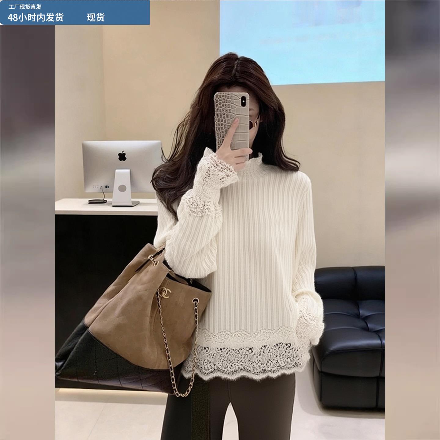 白色蕾丝半高领打底衫女2025冬季新款巨好看的内搭抗条针织衫上衣