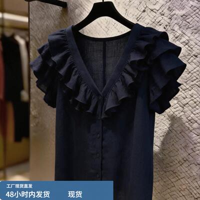 2026新款夏季法式宽松优雅风深蓝色V领荷叶边短袖衬衫女大码上衣