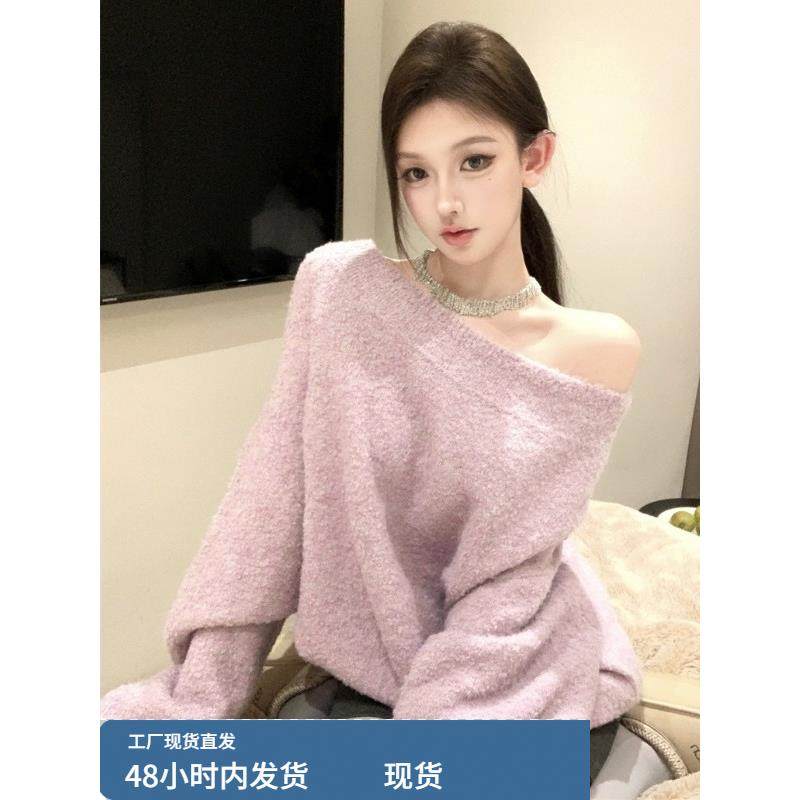 韩版甜美风辣妹斜肩宽松针织衫秋冬新款套头毛衣慵懒一字肩上衣女
