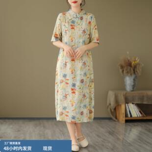 中式复古棉麻印花改良旗袍裙女夏季高端气质显瘦中长款亚麻连衣裙