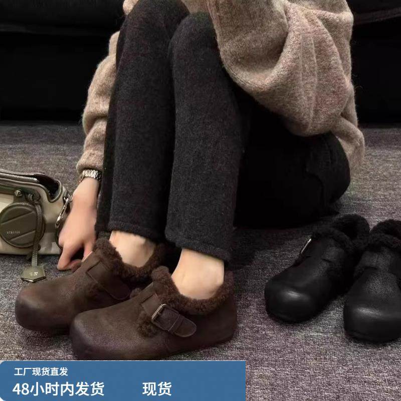 复古勃肯鞋2025冬季新款休闲百搭平底一脚蹬加绒保暖毛毛鞋棉鞋子