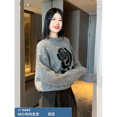 2025正流行韩系慵懒风日系加厚灰色套头圆领毛衣女冬季内搭可外穿