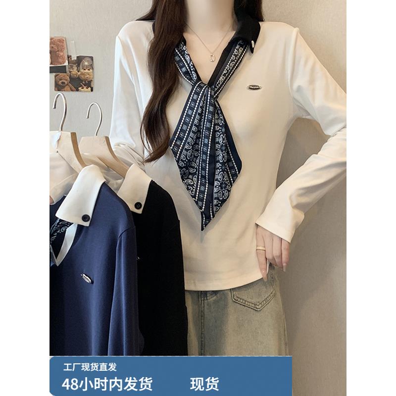 大码女装2025新款早秋韩系高级感chic别致上衣领结拼接简约POLO衫