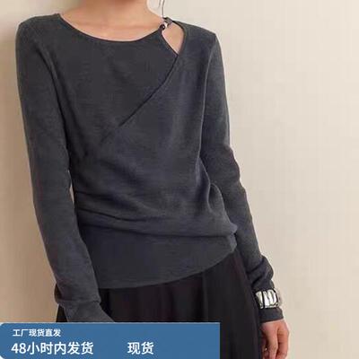 韩系极简风露肩设计长袖针织衫女2025秋季新款假两件百搭显瘦上衣