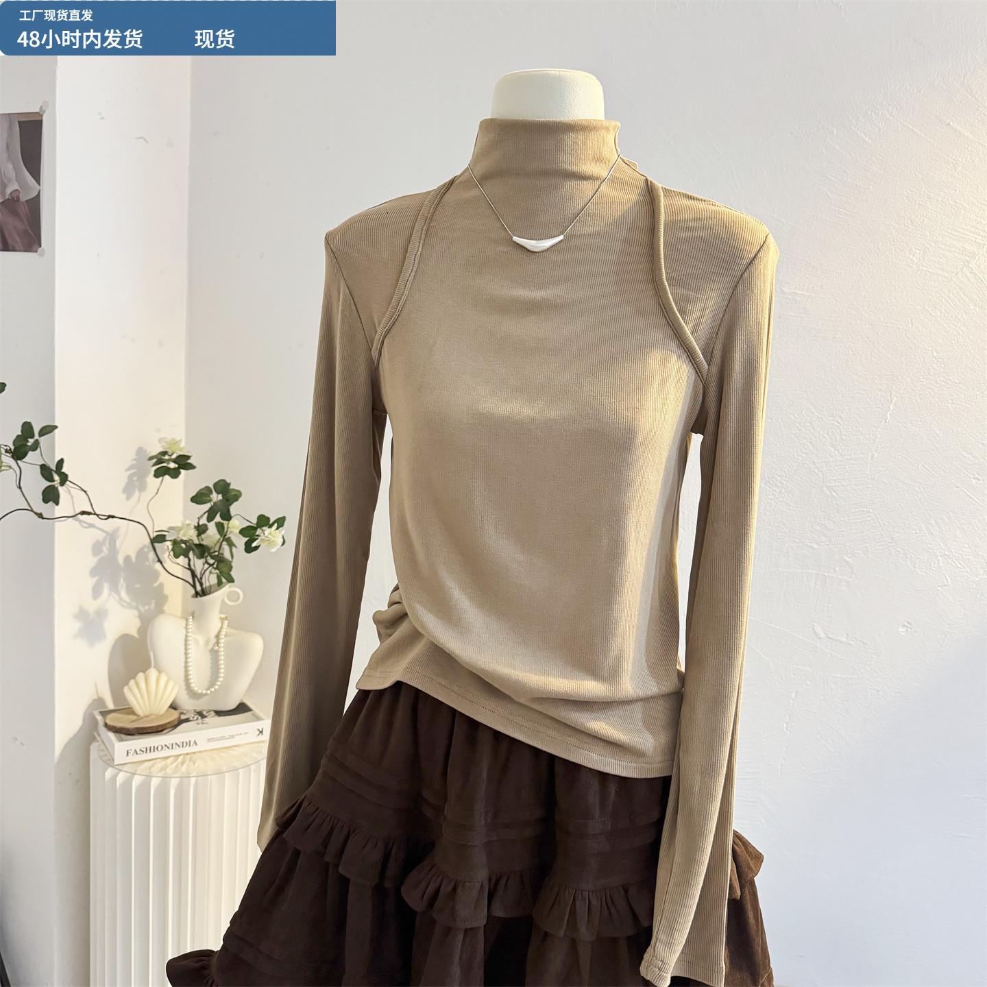 半高领长袖T恤女2025秋冬新款磨毛加厚修身气质内搭打底衫上衣咖