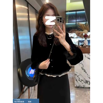蕾丝边黑色丝绒长袖衬衫早秋女装2025新款高级感轻奢减龄洋气上衣