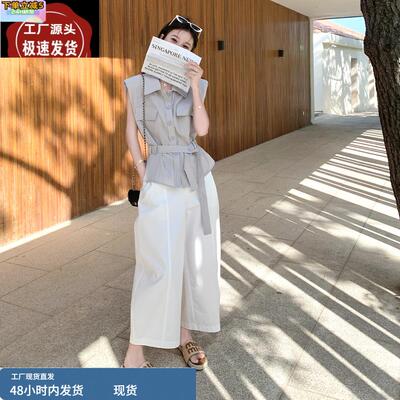 独特超好看酷飒拽姐穿搭无袖套装女夏超火高级感衬衫阔腿裤两件套
