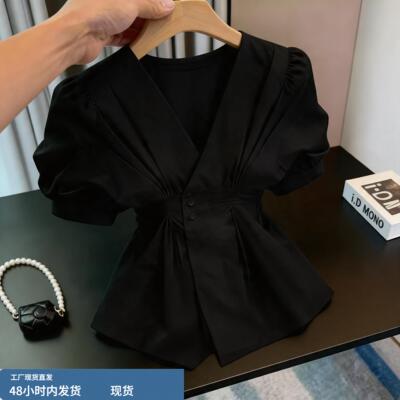 2026新款夏季黑色V领泡泡袖收腰衬衫女优雅风修身遮屁股宽松上衣