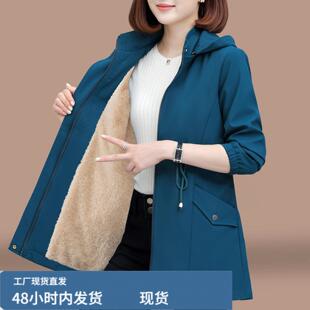 加戎加厚风衣外套女款中长版秋冬2025新款连帽夹克保暖上衣小个子