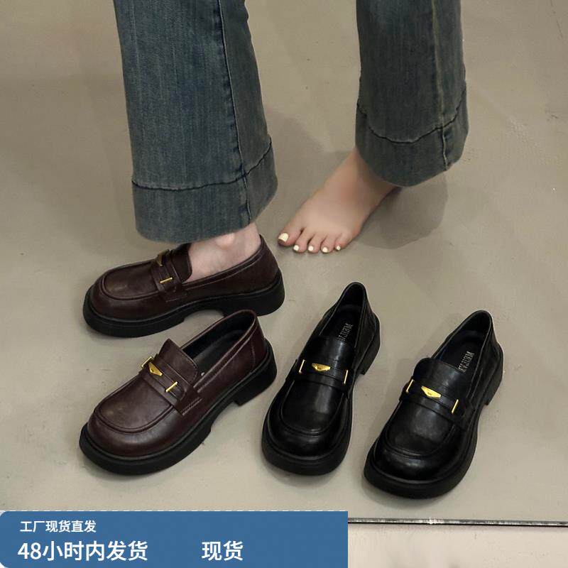 英伦风复古圆头一脚蹬jk小皮鞋女2025新款秋冬厚底百搭乐福鞋单鞋