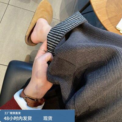 灰色气质毛呢休闲裤女春季新款大码显瘦慵懒风松弛感直筒阔腿裤