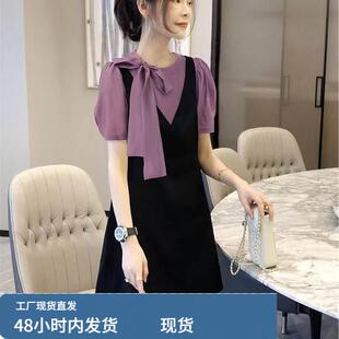 日韩外贸尾货品牌剪标女装紫色连衣裙假两件套女夏季新款欧货裙子