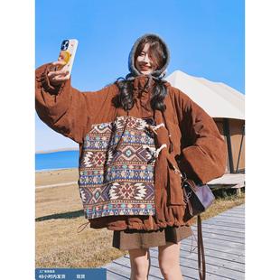 民族风灯芯绒拼接90绒保暖外套女秋冬季2025年新款韩里韩气羽绒服