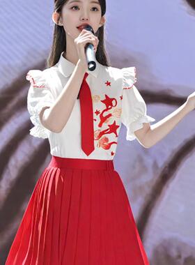 送扇子红色儿童合唱朗诵演出服国庆红歌爱国主题小学生演讲比赛服