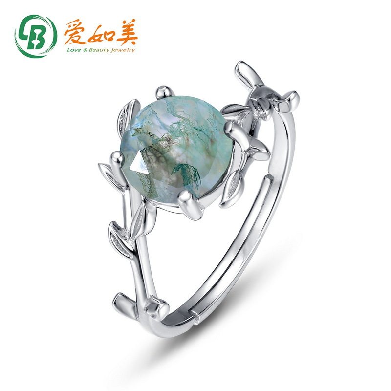 简约风绿苔藓石指戒轻奢复古S925银渡18K金PT950铂金水草玛瑙戒指