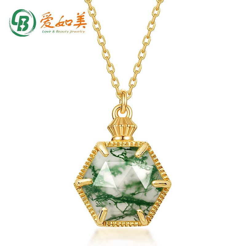 复古天然绿苔藓吊坠S925银渡18K金PT950铂金双面六边形香水瓶项链