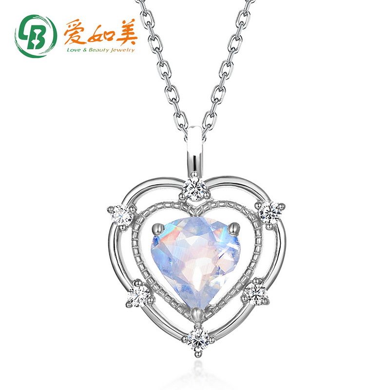 S925银渡18K金PT950铂金镂空镶爱心吊坠项链新款月光石心形锁骨链