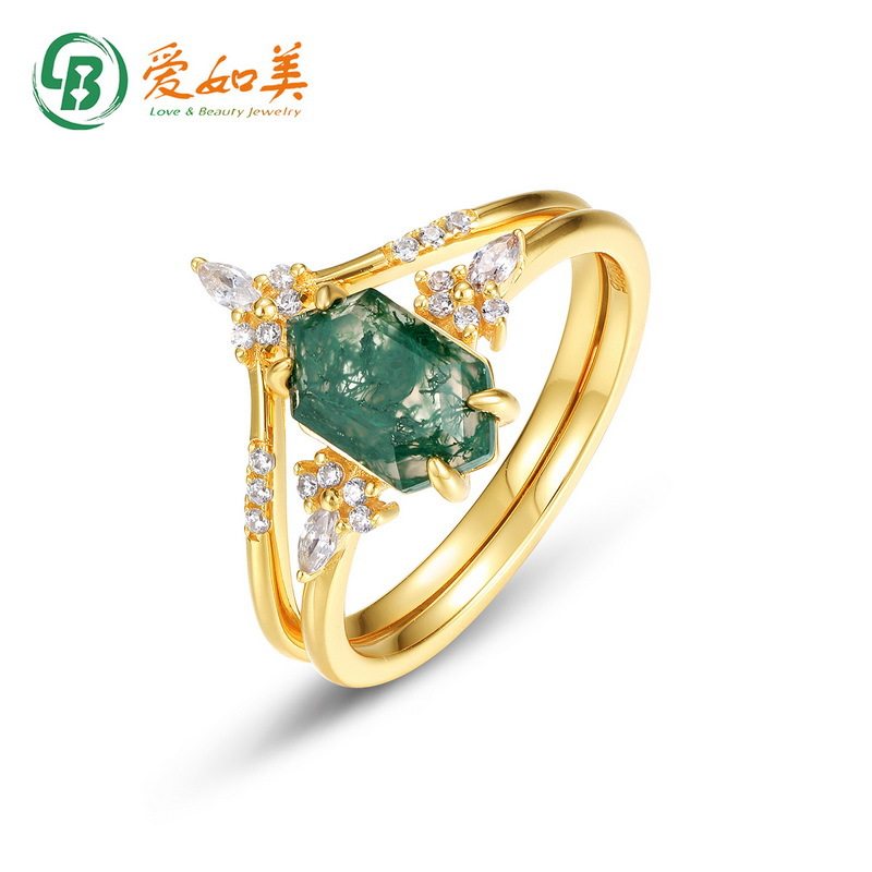 独特绿苔藓石叠戴戒指S925银渡18K金PT950铂金几何水草玛瑙组合戒