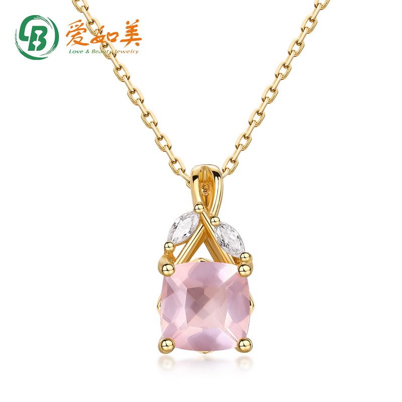 几何天然粉水晶吊坠锁骨链时尚流行S925银渡18K金PT950铂金项链