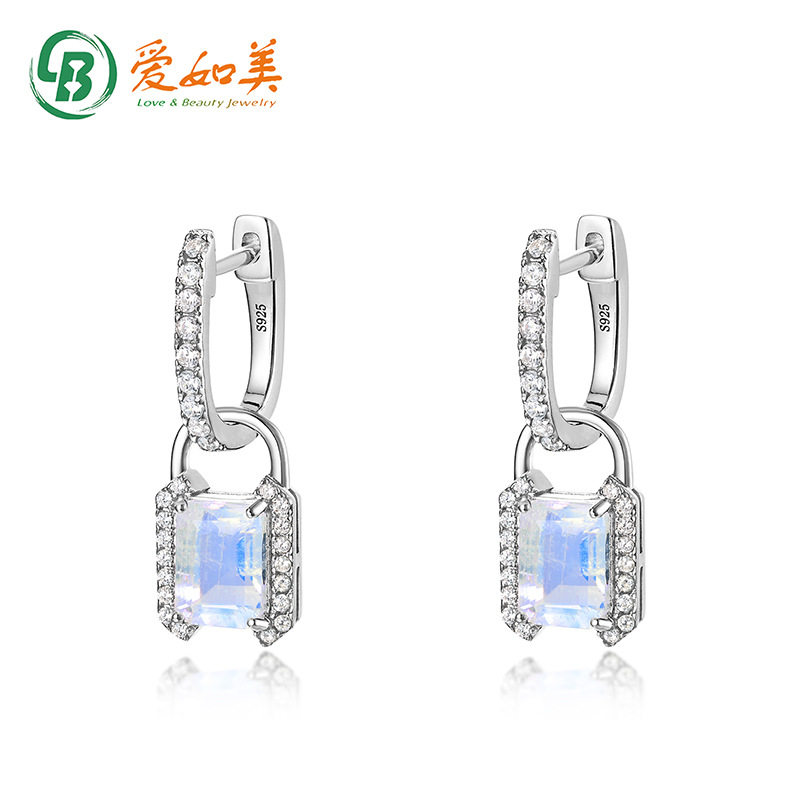 S925银渡18K金PT950铂金简约时尚几何ins风方形蓝月光耳圈耳饰