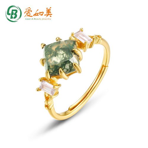 新款几何绿苔藓戒指流行S925银渡18K金PT950铂金指环小众设计手饰