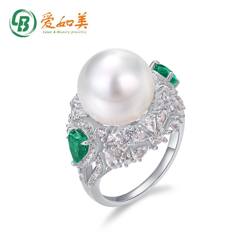 个性夸张贝壳珍珠戒指女S925银渡18K金PT950铂金培育祖母绿指环