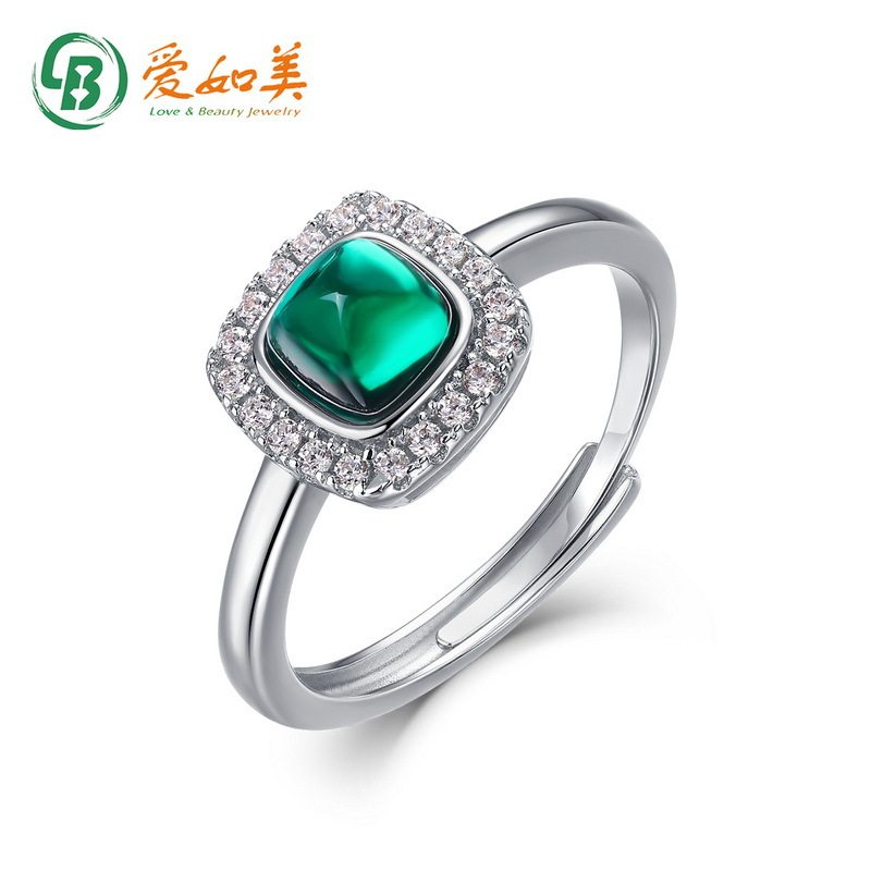 新款培育祖母绿戒指S925银渡18K金PT950铂金镶嵌光面彩宝开口指戒