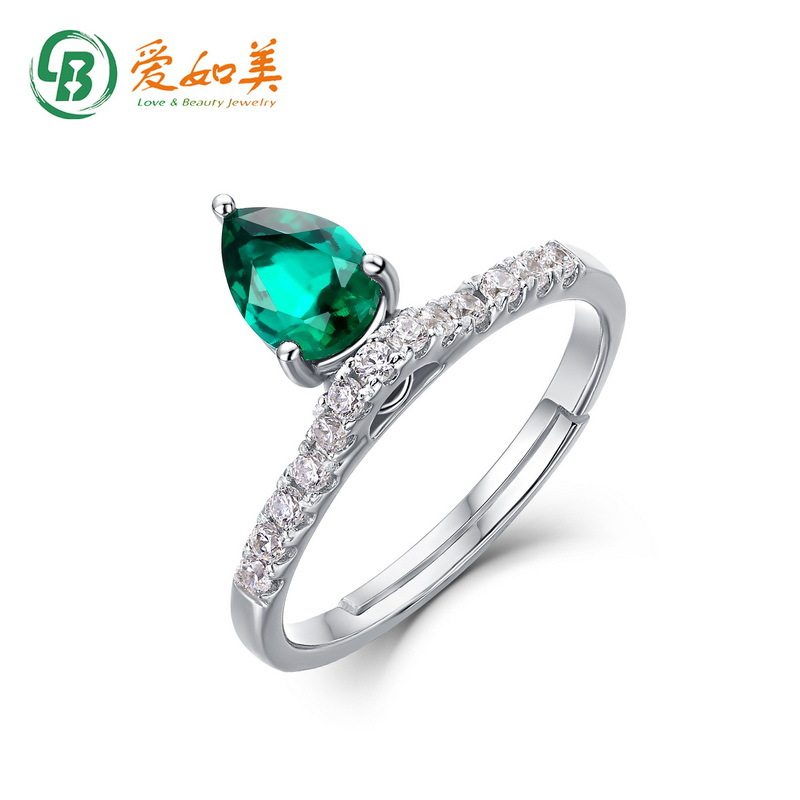 新款水滴微镶培育祖母绿戒指S925银渡18K金PT950铂金彩宝开口指戒