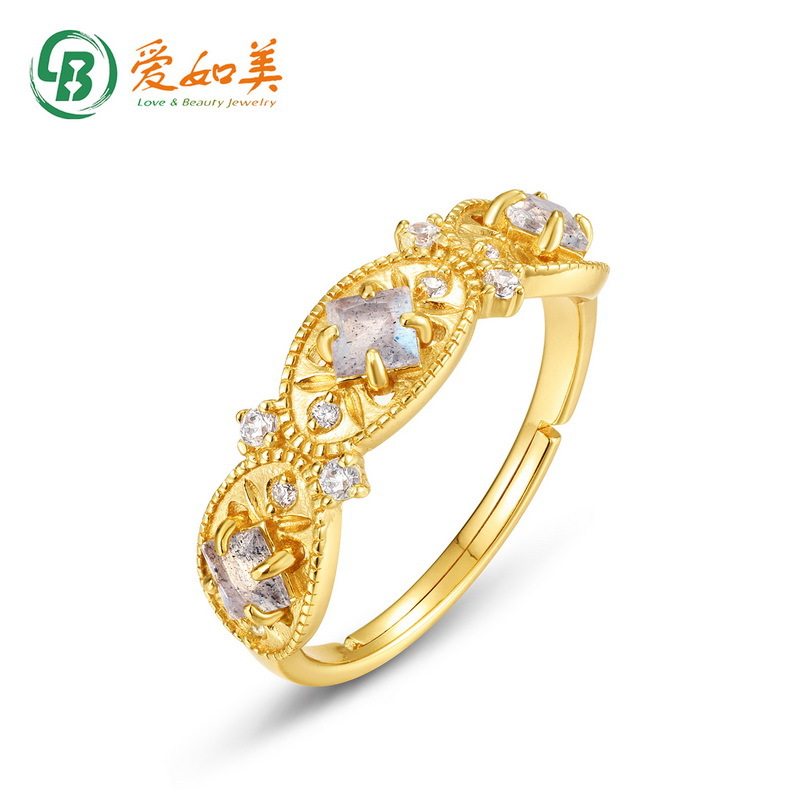 新款轻奢雕花镂空天然拉长石戒指S925银渡18K金PT950铂金指环小众