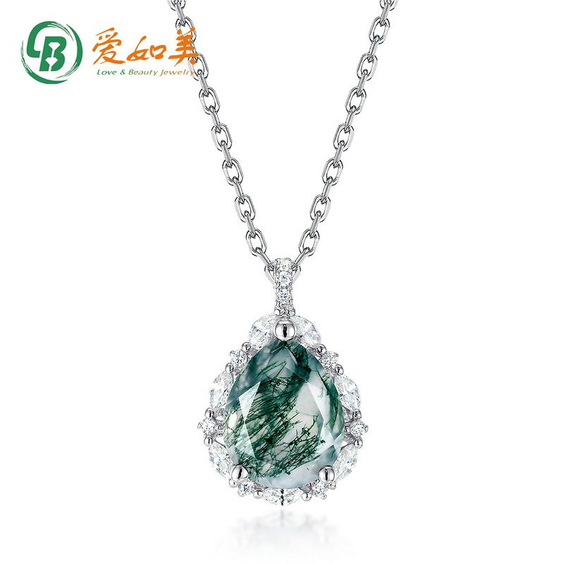 S925银渡18K金PT950铂金绿苔藓吊坠锁骨项链水草玛瑙项坠时尚高级