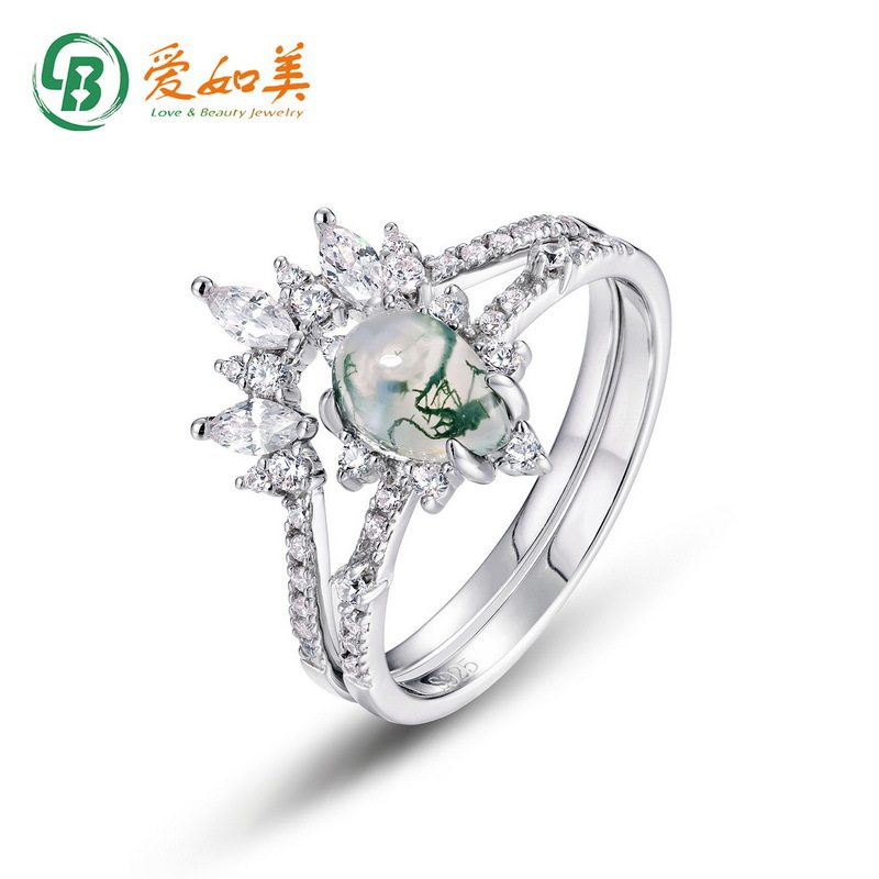 新款S925银渡18K金PT950铂金水草玛瑙戒指梨形绿苔藓叠戴指戒饰品