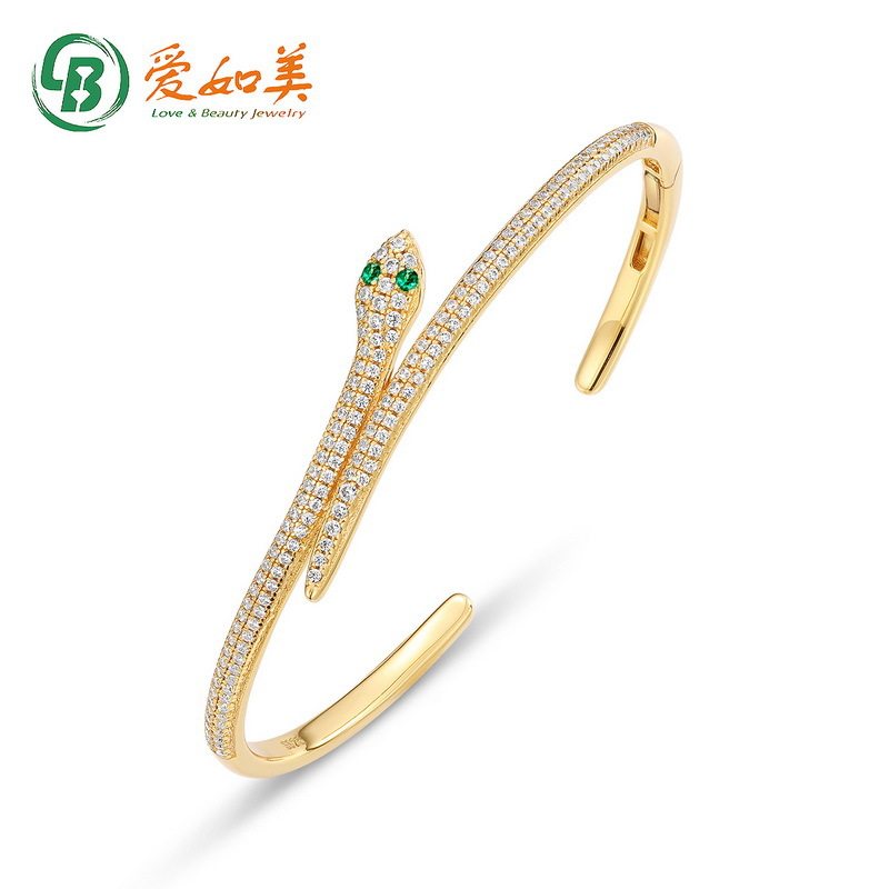 欧美风时尚纳米绿锆生肖蛇开口手镯S925银渡18K金PT950铂金蟒蛇