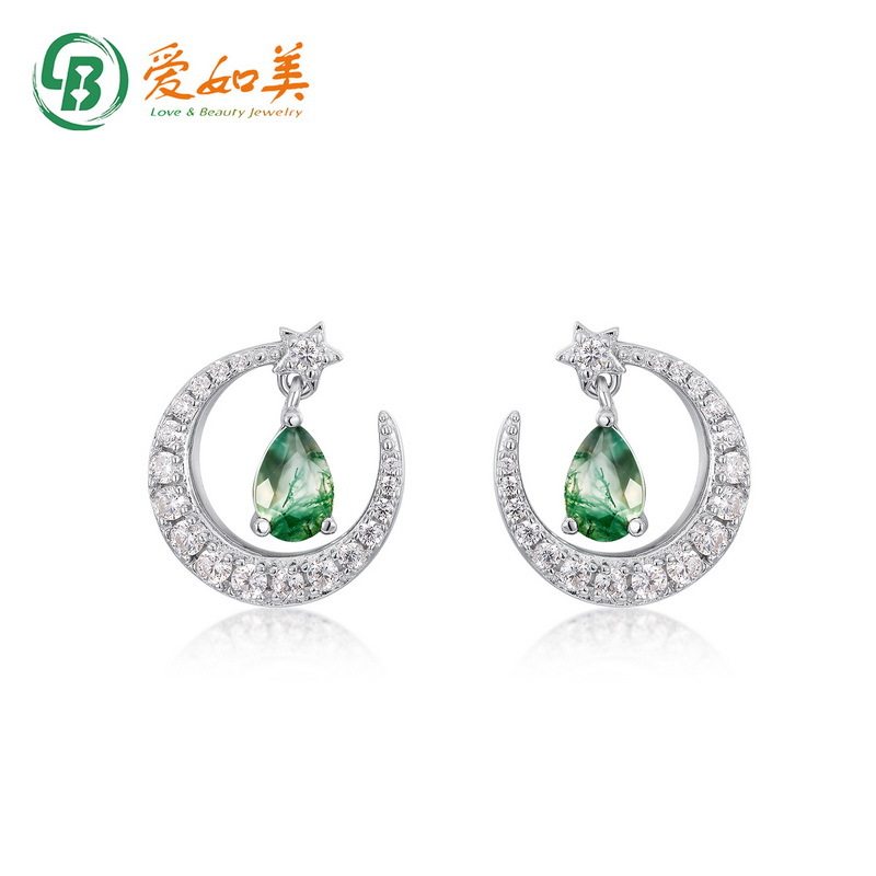 时尚个性月亮耳环S925银渡18K金PT950铂金绿苔藓耳环高级满钻耳饰