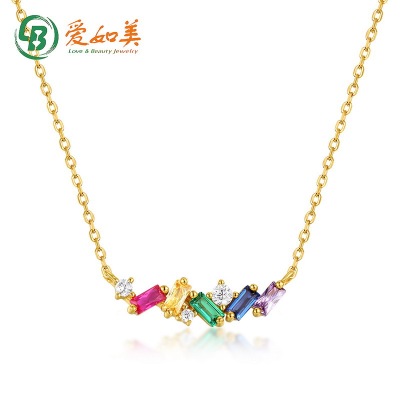 轻奢彩虹糖果S925银渡18K金PT950铂金项链女款几何方块红黄绿项链