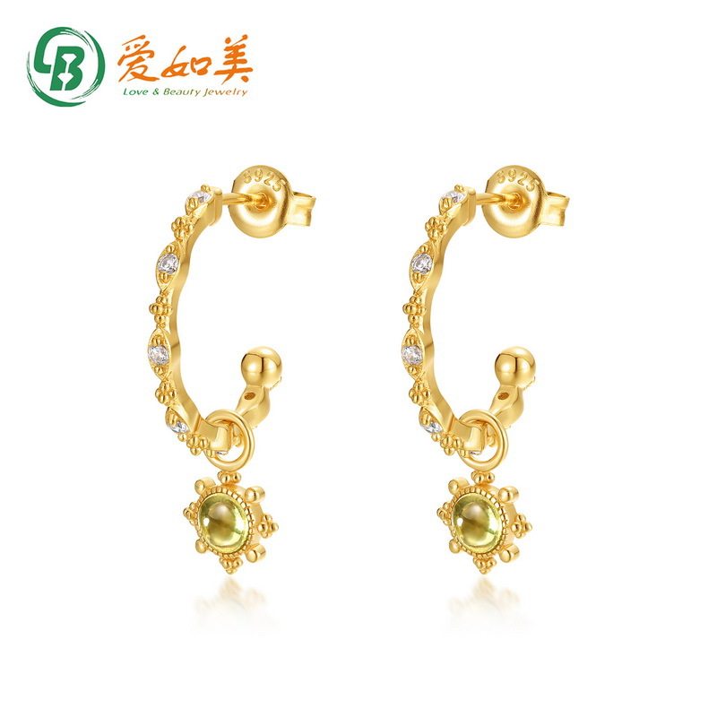 日韩流行小花橄榄石耳钩小众设计S925银渡18K金PT950铂金镀金耳环