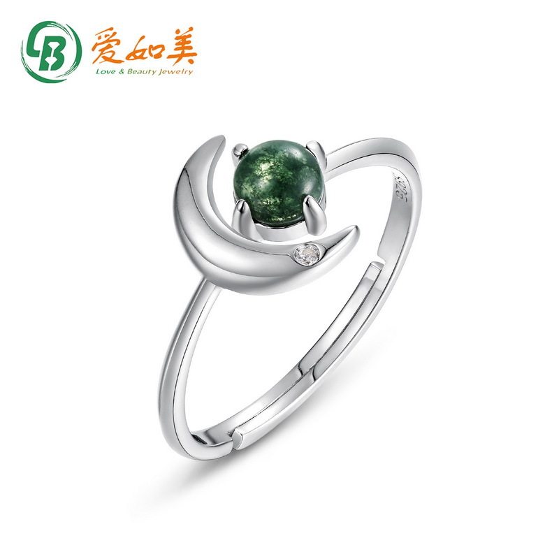 新款轻奢水草玛瑙星月银戒指女S925银渡18K金PT950铂金弯月戒指