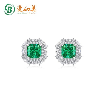 新款简约几何绿色高碳钻耳钉S925银渡18K金PT950铂金耳环复古耳环