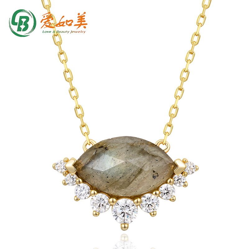 S925银渡18K金PT950铂金天然非洲拉长石几何型项链女简约彩宝项饰