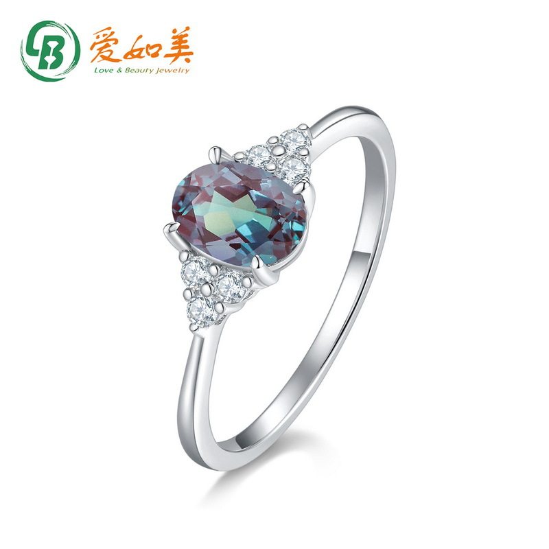 个性简约蛋形亚历山大石戒指轻奢S925银渡18K金PT950铂金戒指彩宝