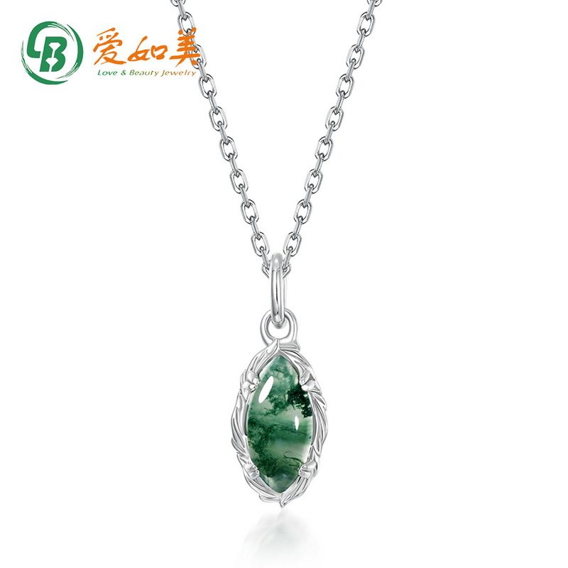 几何马眼绿苔藓吊坠S925银渡18K金PT950铂金项链复古条纹花边项饰
