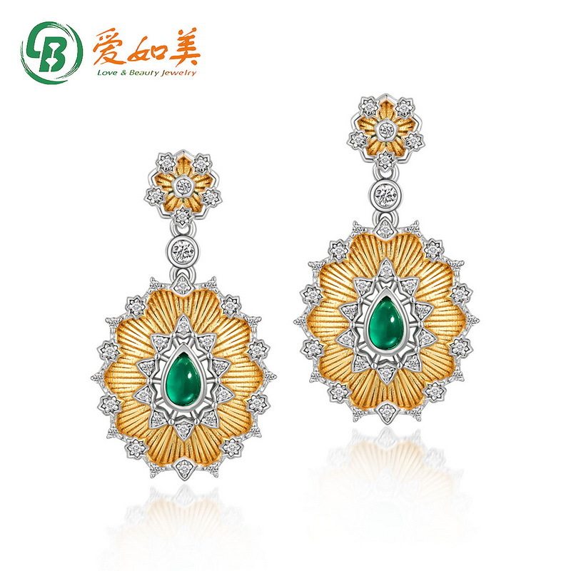 轻奢复古合成绿玛瑙太阳花耳钉女S925银渡18K金PT950铂金分色电镀