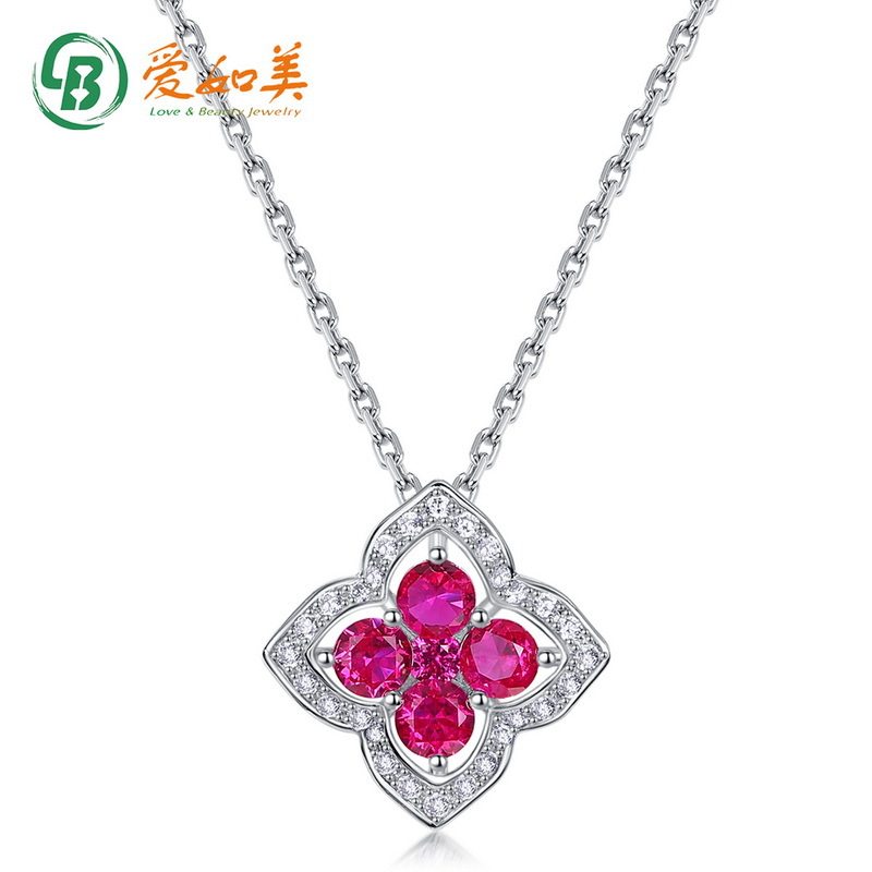 新款风培育红宝四叶草吊坠女款S925银渡18K金PT950铂金花瓣项链