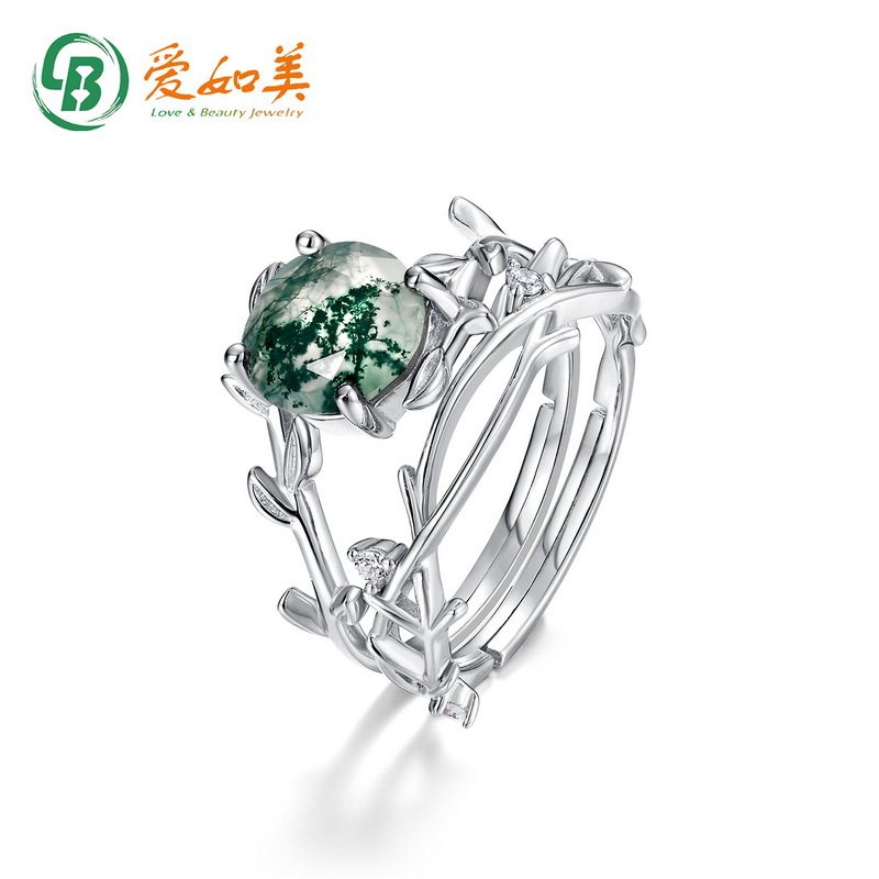 新品时尚简约水草玛瑙戒指流行S925银渡18K金PT950铂金绿苔藓戒指