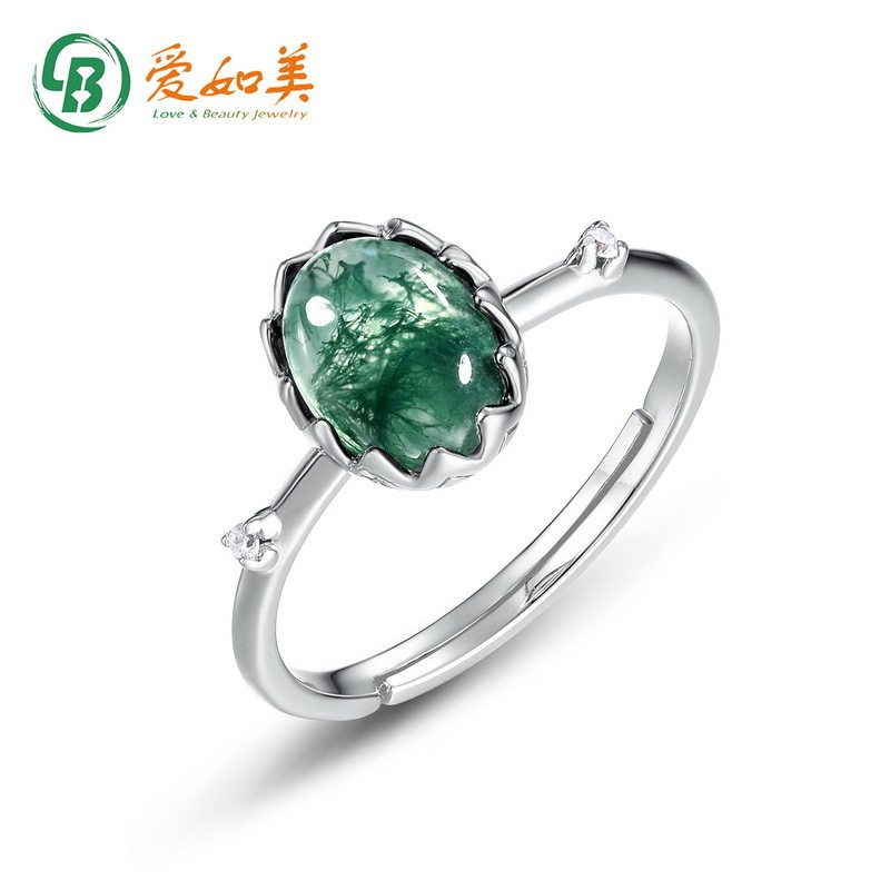 简约几何绿苔藓戒指小众设计S925银渡18K金PT950铂金水草玛瑙戒指