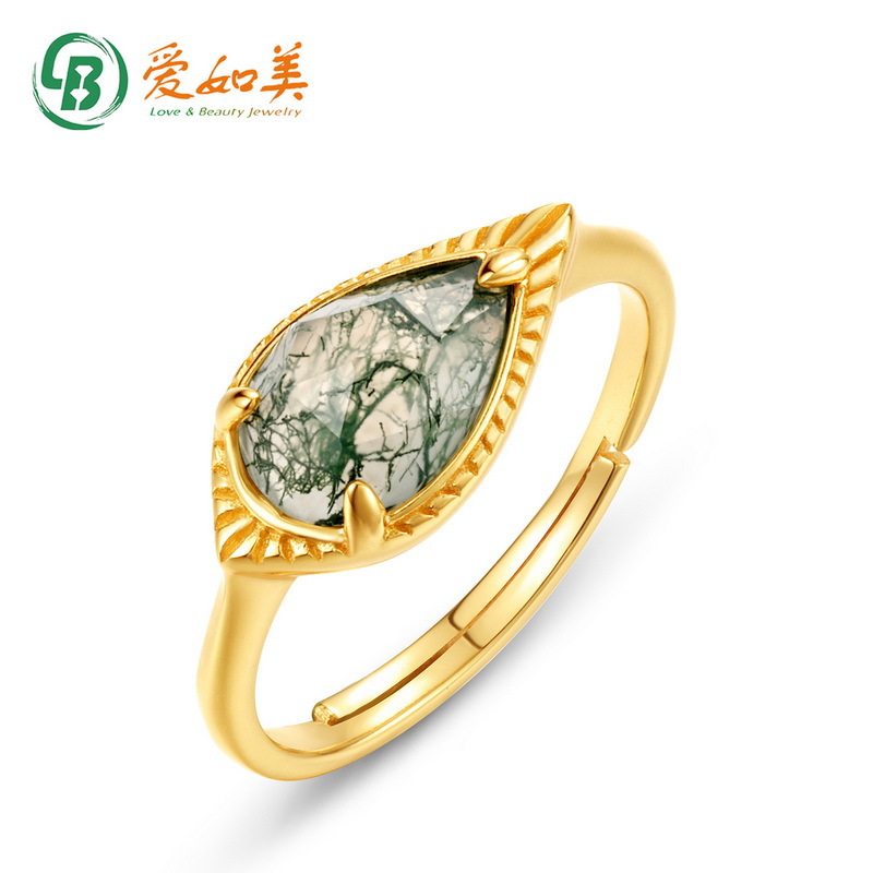 时尚百搭绿苔藓戒指女简约S925银渡18K金PT950铂金水草玛瑙指环